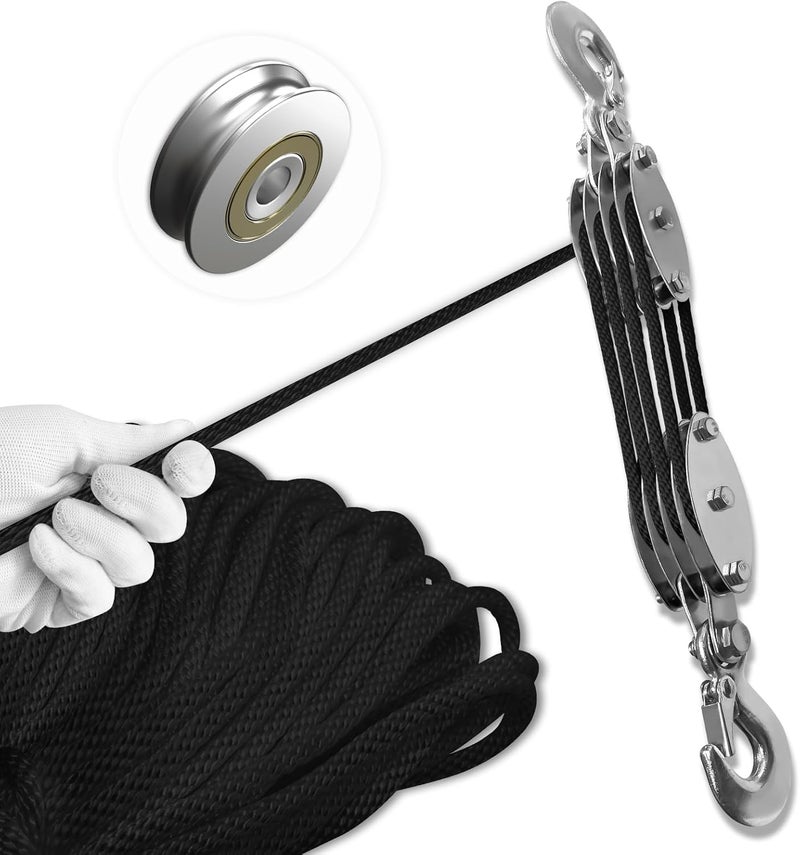 SALIFTFE Block and Tackle Pulley System, Upgraded 4-Wheel Rope Pulley Hoist, 8:1 Lifting Power, 2200LB Work Load with 65Ft of 1/4" Rope, Ultra-Compact Rope Hoist for Garage, Hunting, and Heavy Lifting - Image 1